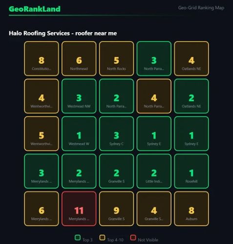 Heatmap showing Halo Roofing Services ranked #1 at Westmead W, Parramatta E and Rosehill, with ranks of #8 to #11 at the edges of the grid