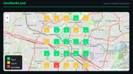 25-point scan grid over a map of Parramatta, from Constitution Hill in the north-west to Auburn in the south-east